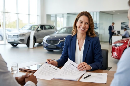 DriveWise lending specialist reviewing a car loan application with a client in a bright modern office