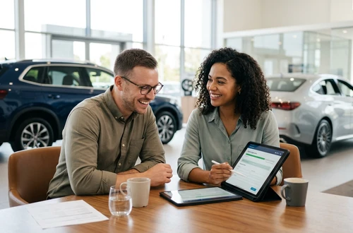 Meridian loan advisor reviewing documents with client